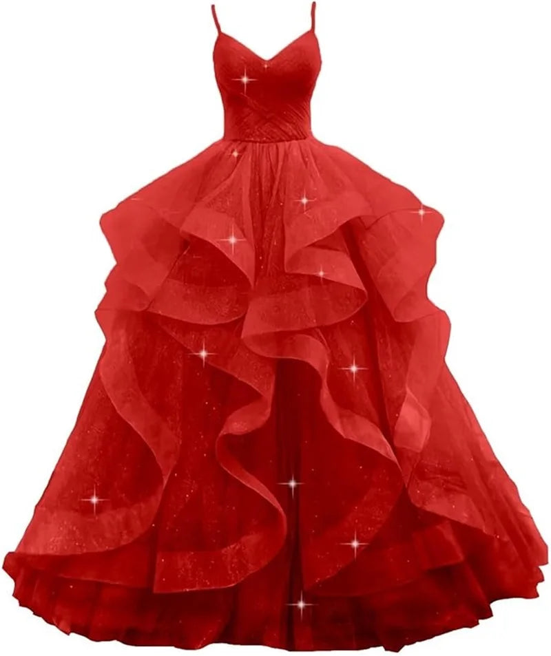 Maßgeschneiderte glitzernde Tüll-Abschlussballkleider, Spaghettiträger, Ballkleider für Frauen, bauschiges, abgestuftes, formelles Abend- und Partykleid