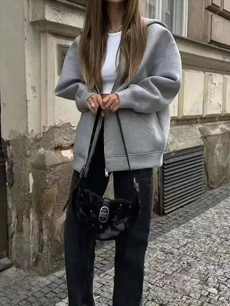 Herbst Frauen Grau Jacke Mit Kapuze Langarm Große Tasche Zipper Jacke Mantel Frau Lose Beiläufige Oberbekleidung Mantel Tops