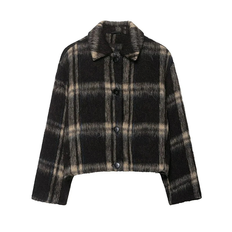 Plaid Rundhals Frauen Kurze Jacke Elegante Oversize Volle Ärmel Zweireiher Mantel 2024 Neue Herbst Winter Pendeln Outcoat Top