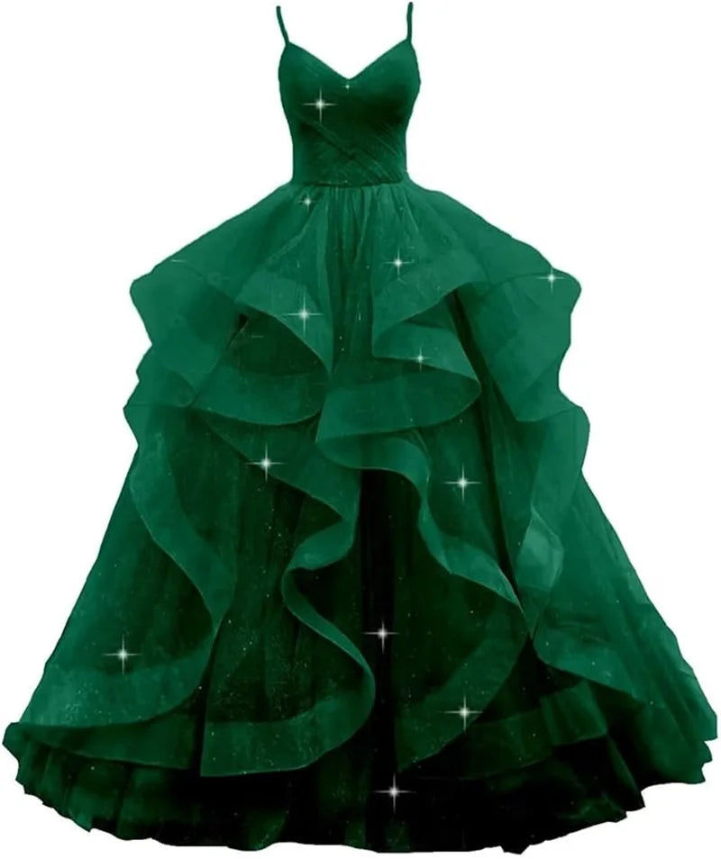 Maßgeschneiderte glitzernde Tüll-Abschlussballkleider, Spaghettiträger, Ballkleider für Frauen, bauschiges, abgestuftes, formelles Abend- und Partykleid