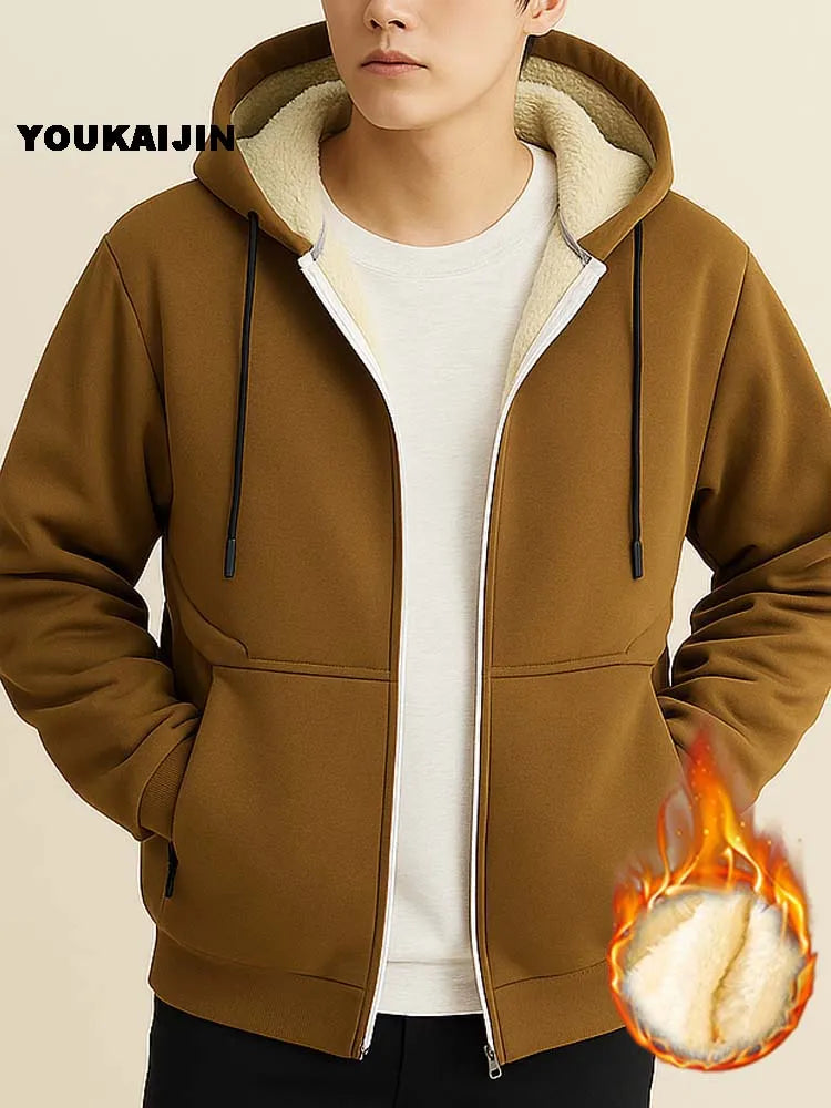 Warmer Fleece-Kapuzenpullover für Herren, Herbst und Winter, mit Sherpa gefüttert, durchgehender Reißverschluss, einfarbig, Sweatshirt-Jackenmantel
