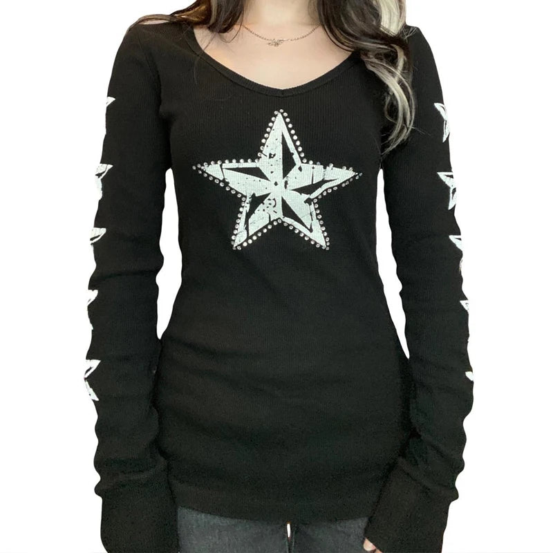Grunge Cyber Mall Goth Thermo T-Shirt Totenköpfe Grafikdruck Langarm Pullover Tops Damen 90er Jahre Vintage Ästhetische T-Shirts