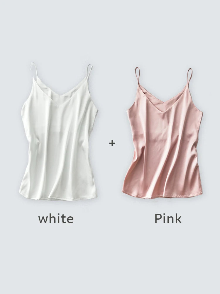 Spaghettiträger-Top für Damen, Neckholder, V-Ausschnitt, Basic, weiß, Cami, ärmellos, Satin-Seiden-Tanktops, Damen-Sommer-Unterhemd
