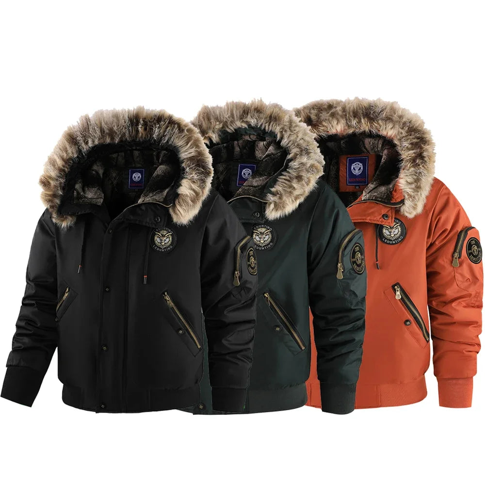 Winterjacke für Herren, abnehmbare Kapuze, langlebig, winddicht, Stoff, Stickerei, dekorative Seitentaschen, Ärmelreißverschluss