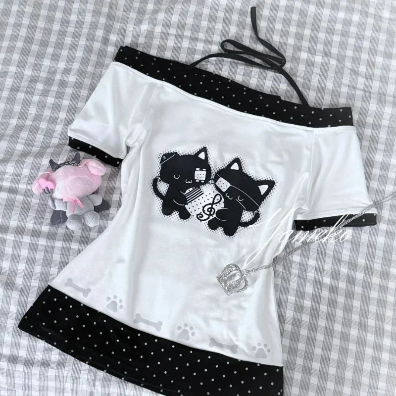 Japanische Kawaii Crop Tops Cartoon Print Harajuku Lolita Kurzarm T-shirts Frauen Y2k Ästhetische Dünne T Vintage Fee Grunge