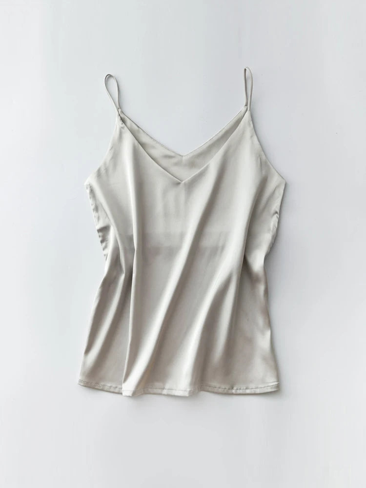 Spaghettiträger-Top für Damen, Neckholder, V-Ausschnitt, Basic, weiß, Cami, ärmellos, Satin-Seiden-Tanktops, Damen-Sommer-Unterhemd