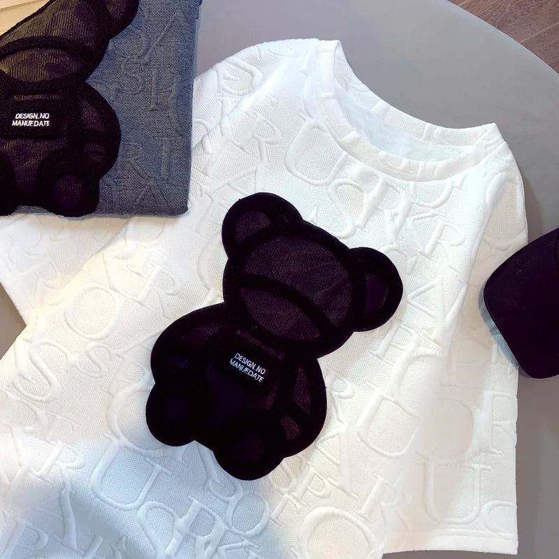 Frauen T-shirts Harajuku Mädchen Plus Größe Tops Brief Jacquard Oansatz Kurzen Ärmeln Lose Sommer T-shirt Bär Weiß Tees M-2XL