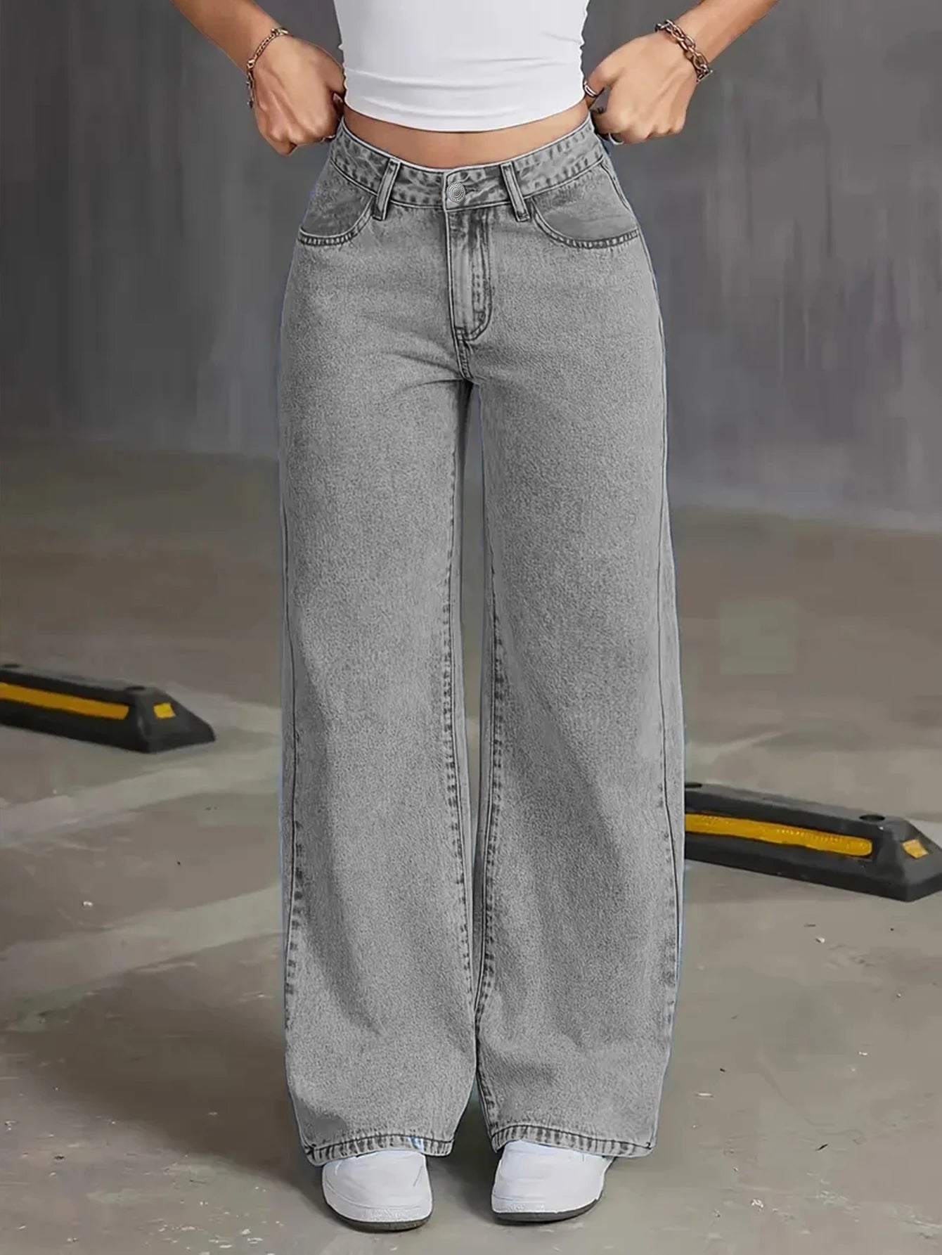 Herbstliche neue hoch taillierte Damenjeans mit weitem Bein – hellgraue gewaschene Jeans, locker und modisch, geeignet für Freizeitkleidung
