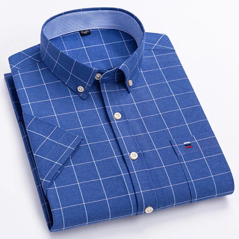 100% Baumwolle Atmungsaktiv Männer Oxford Kurzarm Sommer Plaid Shirts Gestreiften Männliche Kleidung Business Regular Fit Übergroßen