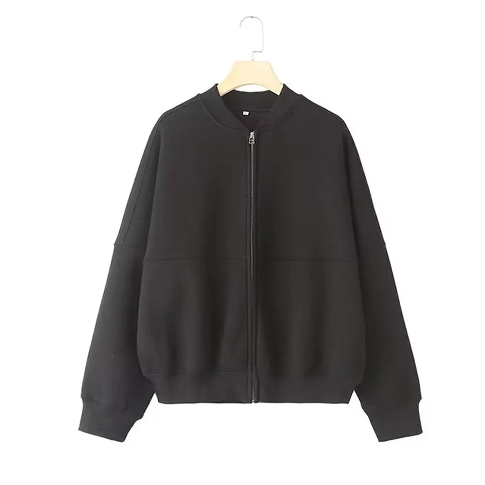 HH Damen Herbst 2-teilig Retro einfarbig Reißverschluss Bomberjacke Sweatshirt + hohe Taille Schnürung Damen Hose mit weitem Bein Street Wear
