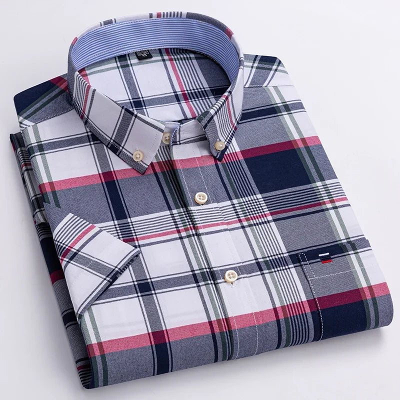 100% Baumwolle Atmungsaktiv Männer Oxford Kurzarm Sommer Plaid Shirts Gestreiften Männliche Kleidung Business Regular Fit Übergroßen