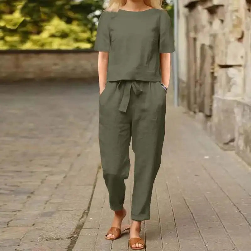 Damen-Anzug aus Baumwolle und Leinen, Sommer-passender Anzug, halbärmelige Rundhals-Krawatte, elastische Taille, Hose mit weitem Bein, Retro-Anzug 2024
