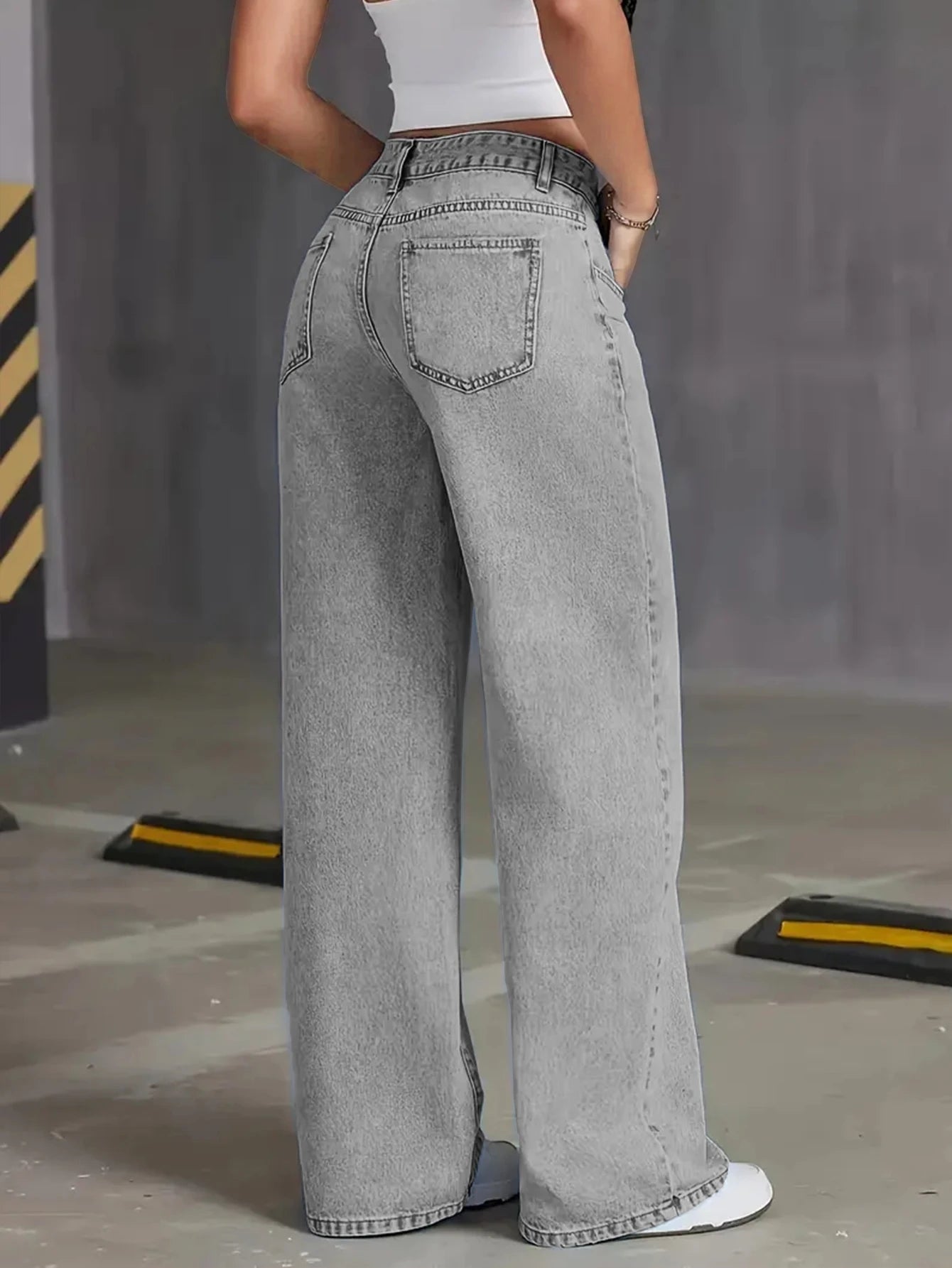 Herbstliche neue hoch taillierte Damenjeans mit weitem Bein – hellgraue gewaschene Jeans, locker und modisch, geeignet für Freizeitkleidung