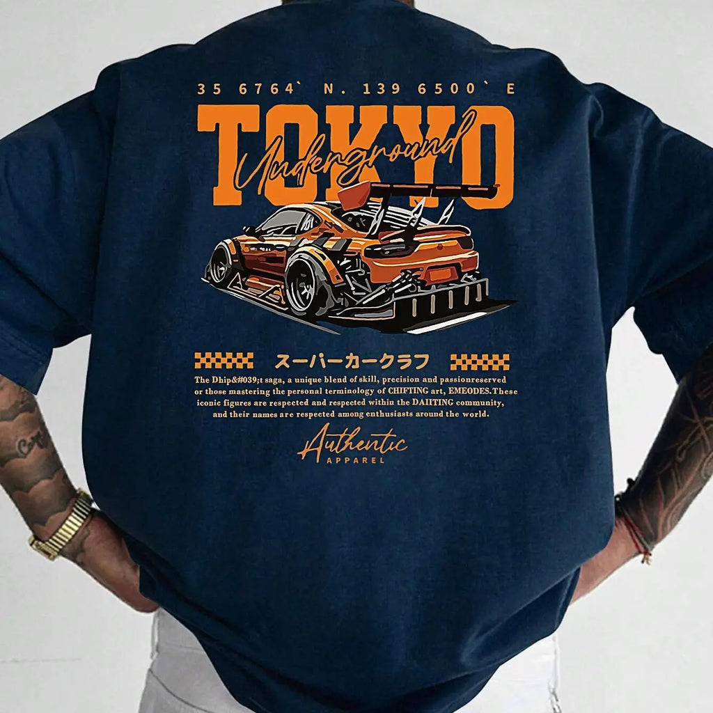 Herren-Sommer-T-Shirt aus 100 % Baumwolle, modisch, lässig, locker, groß, japanisches Tokio-Muster, bedruckt, Rundhalsausschnitt, kurzärmelig
