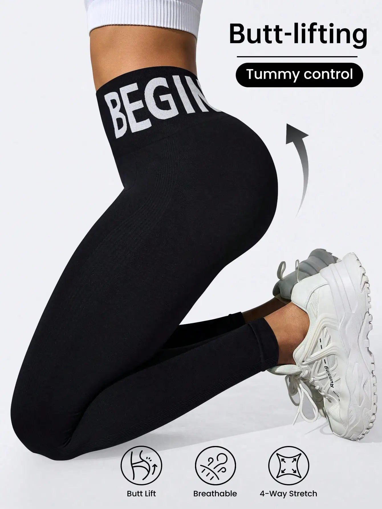 Europäische und amerikanische nahtlose Yoga-Leggings mit Bundbeschriftung, Po-Lifting, schnell trocknende, atmungsaktive Damenstrumpfhose für Erbse