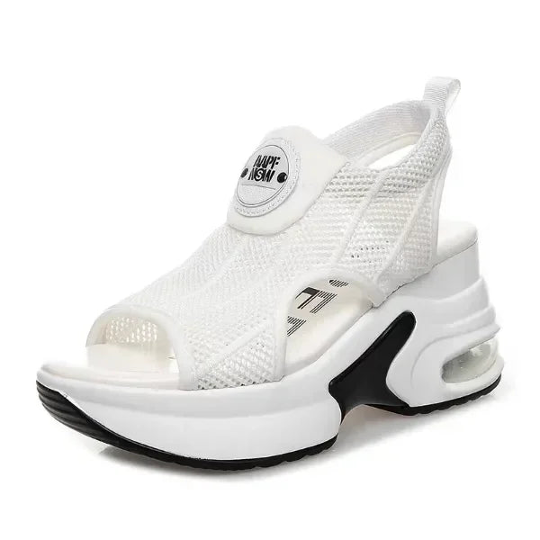 Retro schwarz Mesh Plattform Sandalen koreanische Peep Toe Hohl keile erhöhen Schuhe 8cm Sommer neue rutsch feste Luftkissen Tennis schuhe