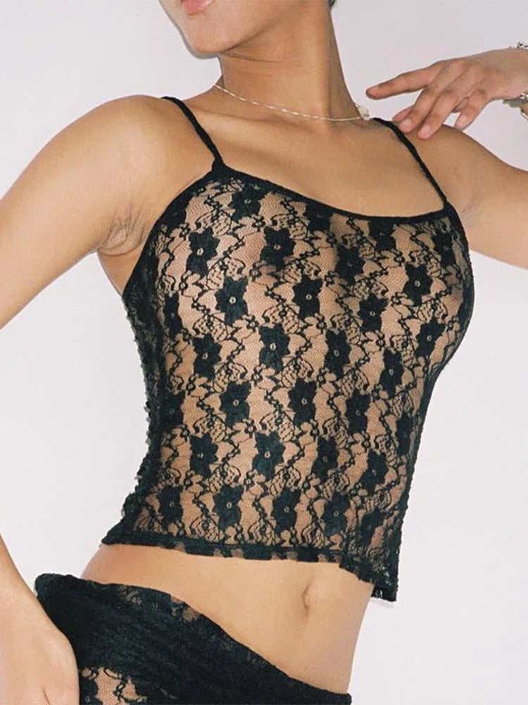 Ärmellose  Spitze aushöhlen schiere Sommer süße Crop Tops für Frauen Club Party y2k Cami Tops Streetwear Kleidung