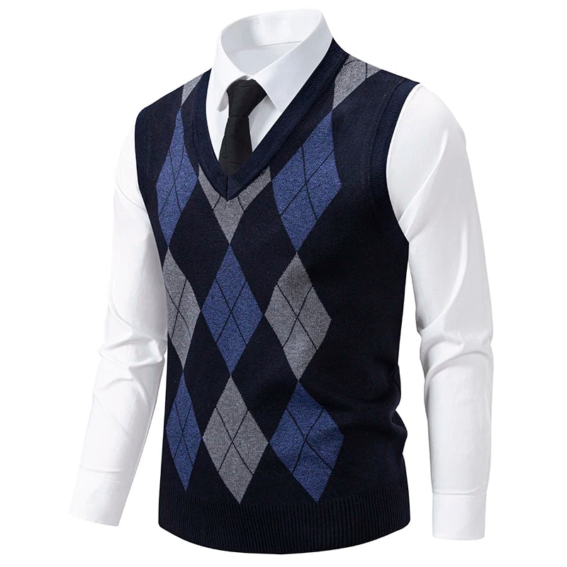 Herren Strickweste Mode Pullover Weste Argyle Muster Weste Fleece gefüttert warme Westen