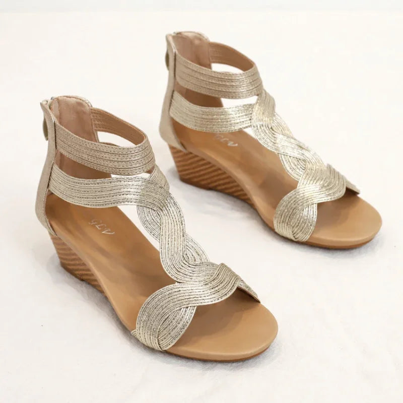 BEYARNE Sommer Sandalen Frauen Keile Schuhe Weichen Leder T Strap Zipper Öffnen Abdeckung Ferse Design Damen Schuhe Weiblichen Große Plus größe