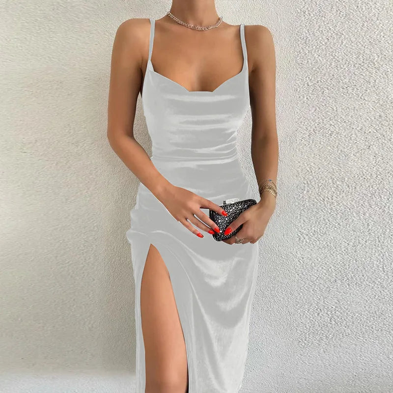 Samt Swing Kragen Ärmellose Slip Schlitz Maxi Kleid 2024 Neue Mode Abend Party Frauen Elegante Street Y2K