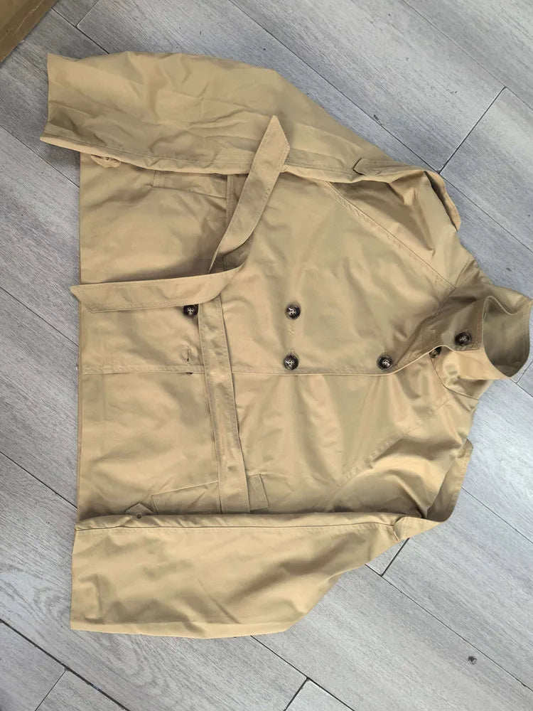 Gürtel Taille Abgeschnitten Graben Jacken Frauen Zweireiher Stehkragen Mäntel 2025, Herbst Chic Casual Vintage Jacke Frauen Tuch