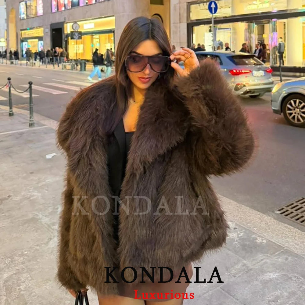 KONDALA Casual Braun Dickes Fell Jacken Frauen Langarm V-ausschnitt Herbst Winter Faux Pelz Mäntel Mode 2025, Streetwear Outwears