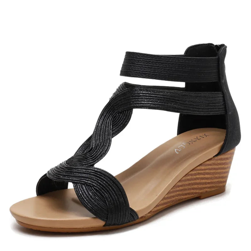 BEYARNE Sommer Sandalen Frauen Keile Schuhe Weichen Leder T Strap Zipper Öffnen Abdeckung Ferse Design Damen Schuhe Weiblichen Große Plus größe