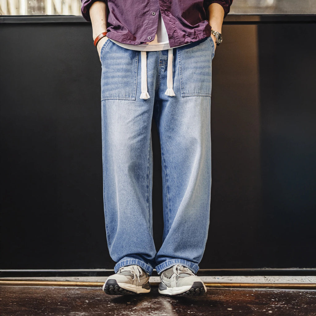 Maden Herren-Jeans aus gewaschenem Denim, weites Bein, gerade geschnitten, elastischer Bund mit Kordelzug, lockere Passform, Freizeithose für Frühling und Herbst