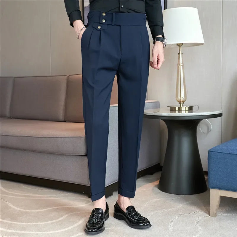 2026 Frühling Herbst Männer Hohe Taille Gürtel Design Beiläufige Dünne Formale Kleid Hose Männer Sozialen Büro Hochzeit Party Kleid Anzug Hosen