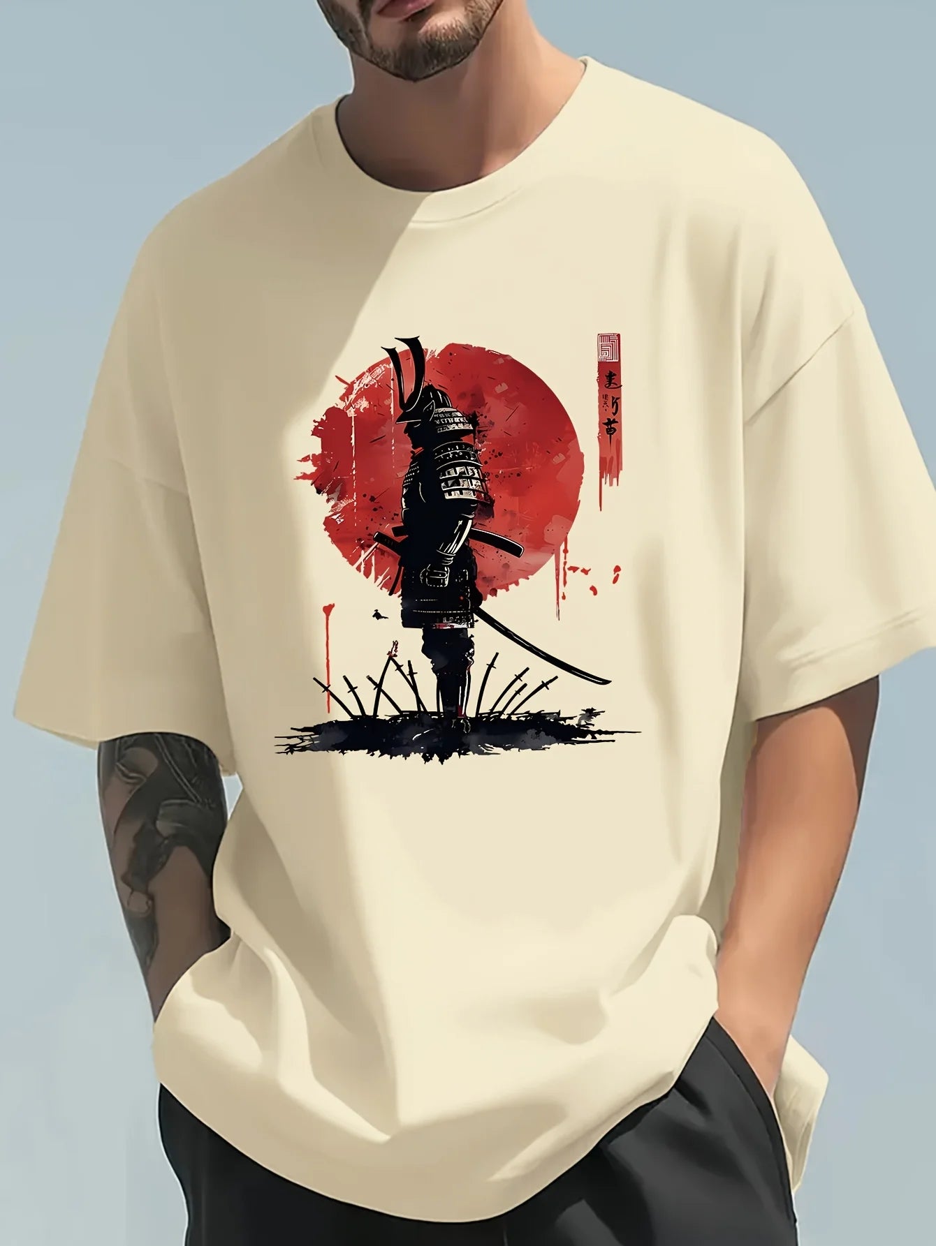 Herren-Sommer-T-Shirt aus 100 % Baumwolle, modisch, lässig, locker, japanisches Samurai-Muster, bedruckt, Rundhalsausschnitt, kurzärmelig