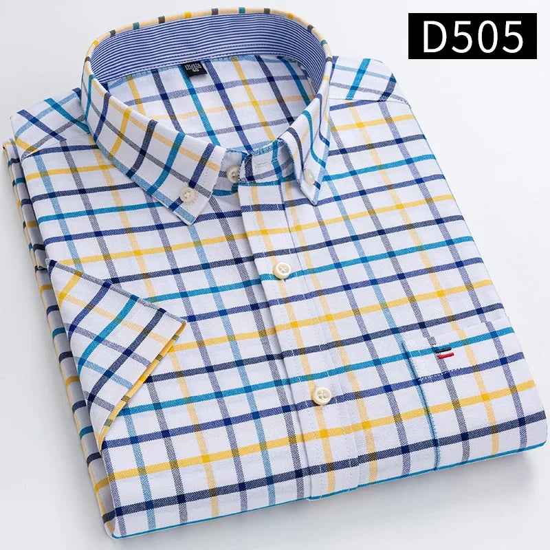 100% Baumwolle Atmungsaktiv Männer Oxford Kurzarm Sommer Plaid Shirts Gestreiften Männliche Kleidung Business Regular Fit Übergroßen