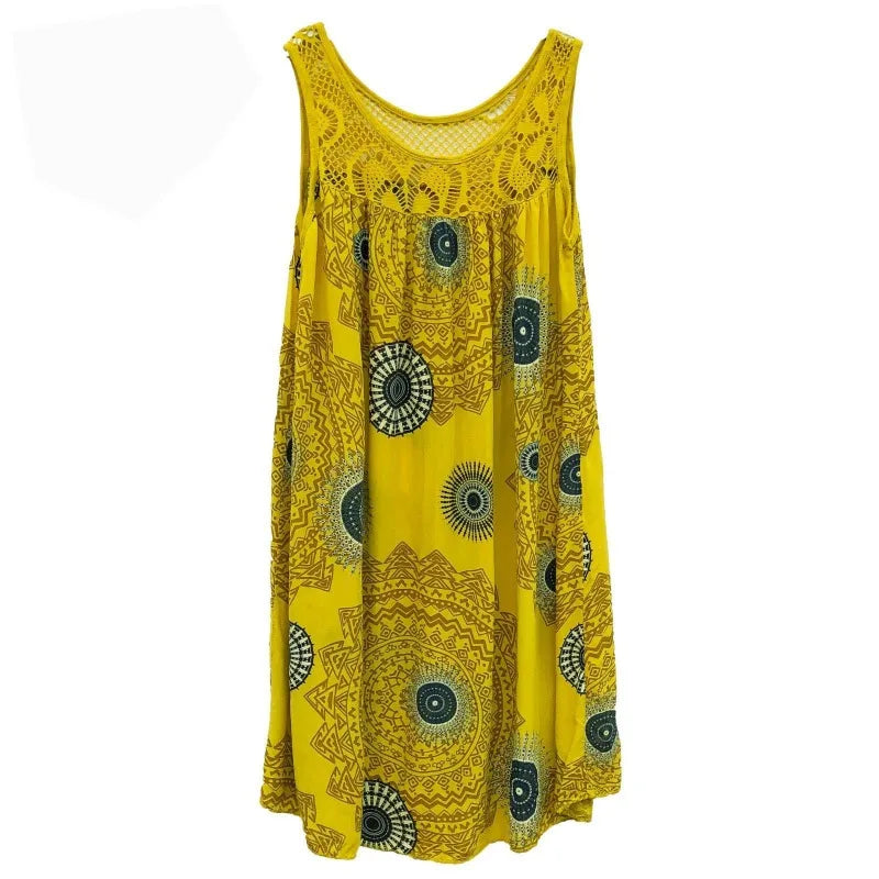Damenbekleidung, Sommer, ärmelloses Leibchenkleid, Spitzendruck, ärmellos, große Schaukel, lockeres sexy Kleid, langer Rock, Übergröße