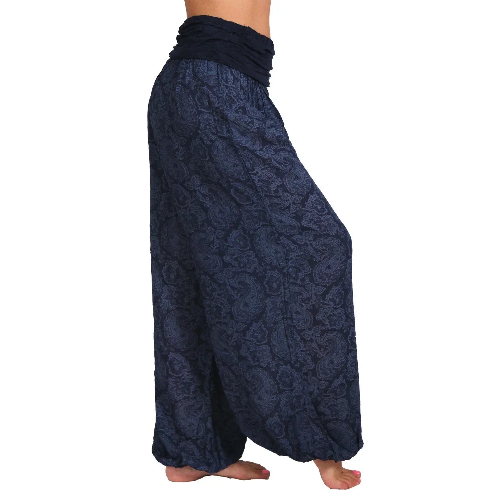 Damen Boho Haremshose – weites Bein, Vintage-Print, elastische Taille