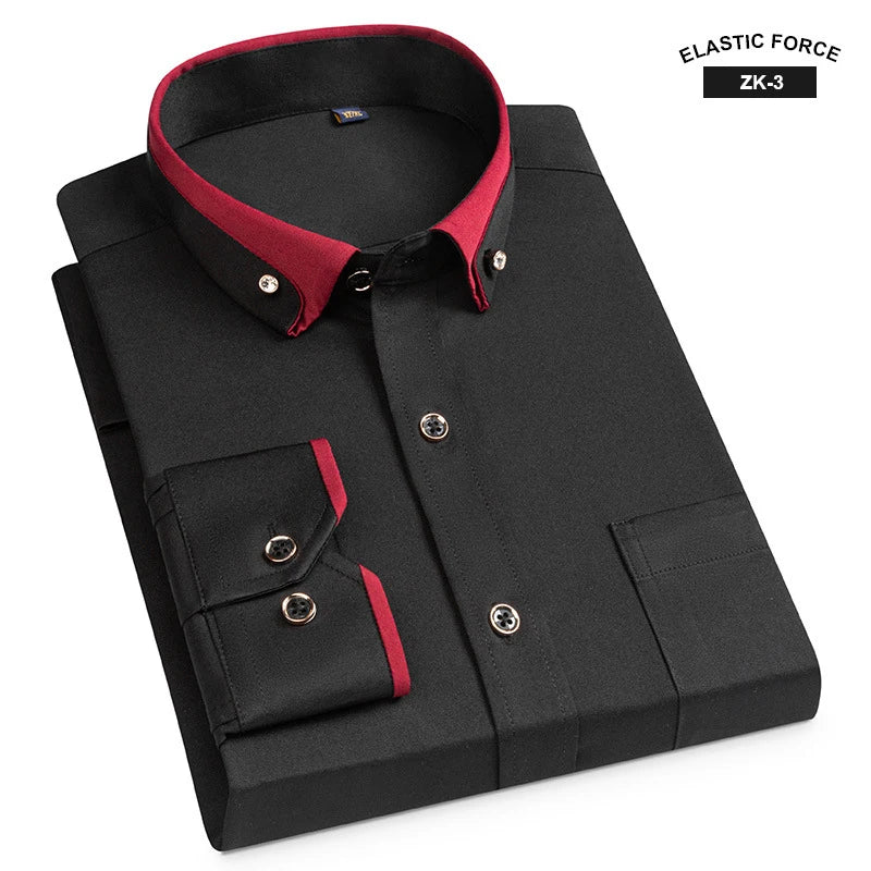 Neue Mode Frühjahr Elastische Nicht-eisen Langarm-shirt Männer der Jugend Kristall Taste Patchwork Kragen Nicht Baumwolle Business hemd Männer