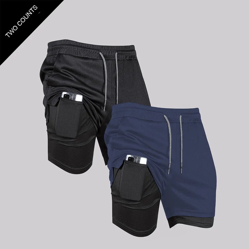 Doppelschichtige Fitness-Shorts für Herren, für Fitness, Fitnessstudio, Training, 2-in-1-Sport-Shorts, schnell trocknend, Workout, Joggen, Doppeldeck, Sommer