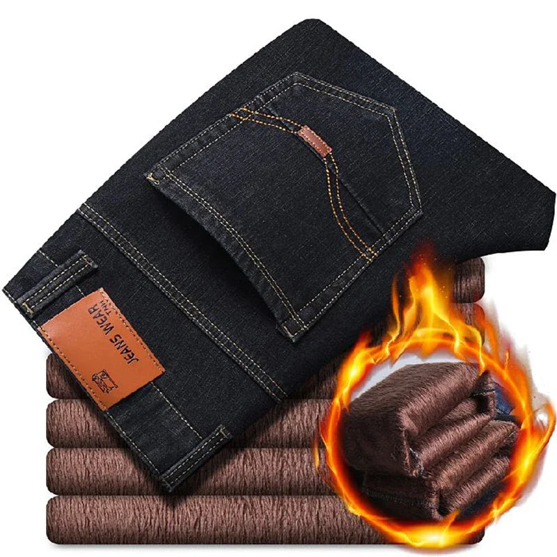 Männer Neue Mode Winter Warme Jeans Männlichen Fleece Gefüttert Verdickte Denim Hosen Lose Gerade Bequeme Casual Schwarz Blau Hosen