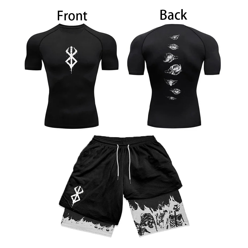 Anime 3D-gedrucktes Herren-Kompressionsset, kurzärmeliges Gym-Top + Workout-Shorts, schnell trocknend, atmungsaktiv, Leichtathletik-Rashguard-Set
