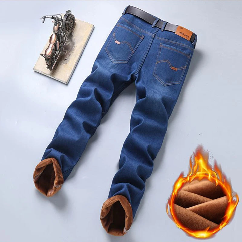 Männer Neue Mode Winter Warme Jeans Männlichen Fleece Gefüttert Verdickte Denim Hosen Lose Gerade Bequeme Casual Schwarz Blau Hosen