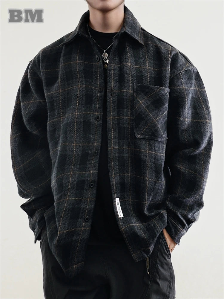 Herren-Flanellhemden, amerikanische Vintage-Streetwear, dick, kariert, übergroß, Cargo, langärmelig, lockere Passform, lässige Arbeitskleidung, Herbst und Winter