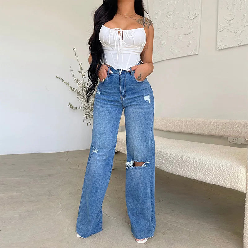 2026 Damen-Jeans mit hohem Bund, zerrissen, mit offener Kante, heiß begehrt, bequeme Wide-Leg-Hose