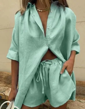 Casual Baumwolle Einfarbig Sets Frauen Kurzarm Lose Hemd Breite Bein Shorts Zwei Stück Set Frau Anzüge 2024 Sommer Outfits