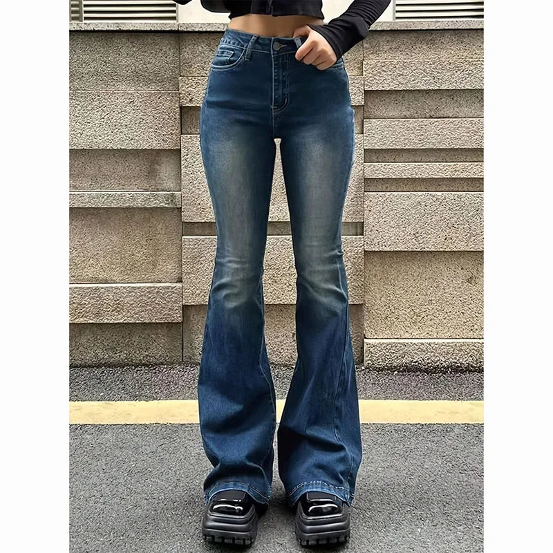 2026 Mädchen Concise Ins Hohe Taille Ausgestellte Jeans Weibliche Stretchy Bootcut Denim Hosen Frauen Einfarbig Dünne Schlaghosen