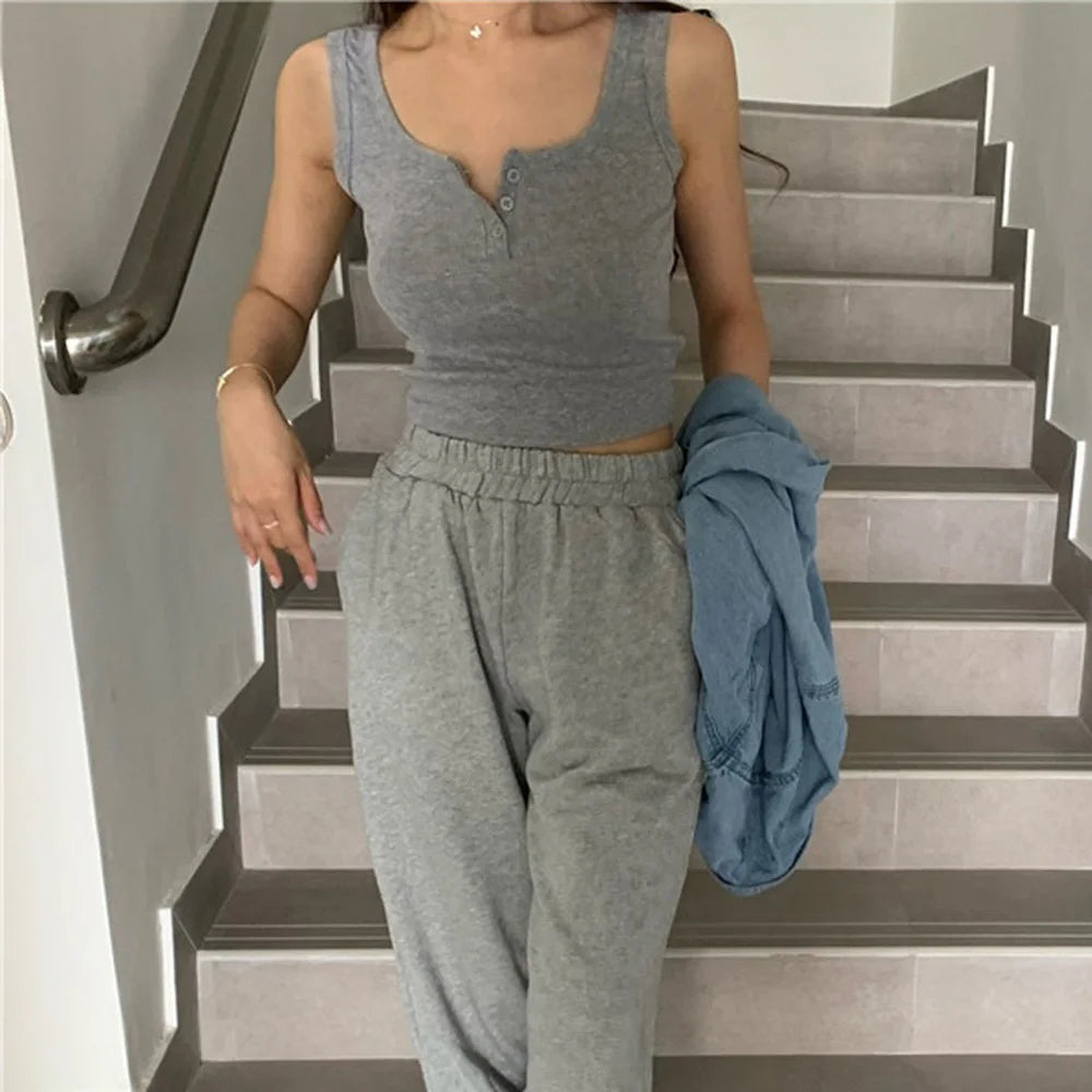 Tank-Top für Damen, gerippt, mit Knopfleiste, ärmellose Bluse, einfarbig, lässig, für Damen und Teenager, trendige Basic-Sommerkleider