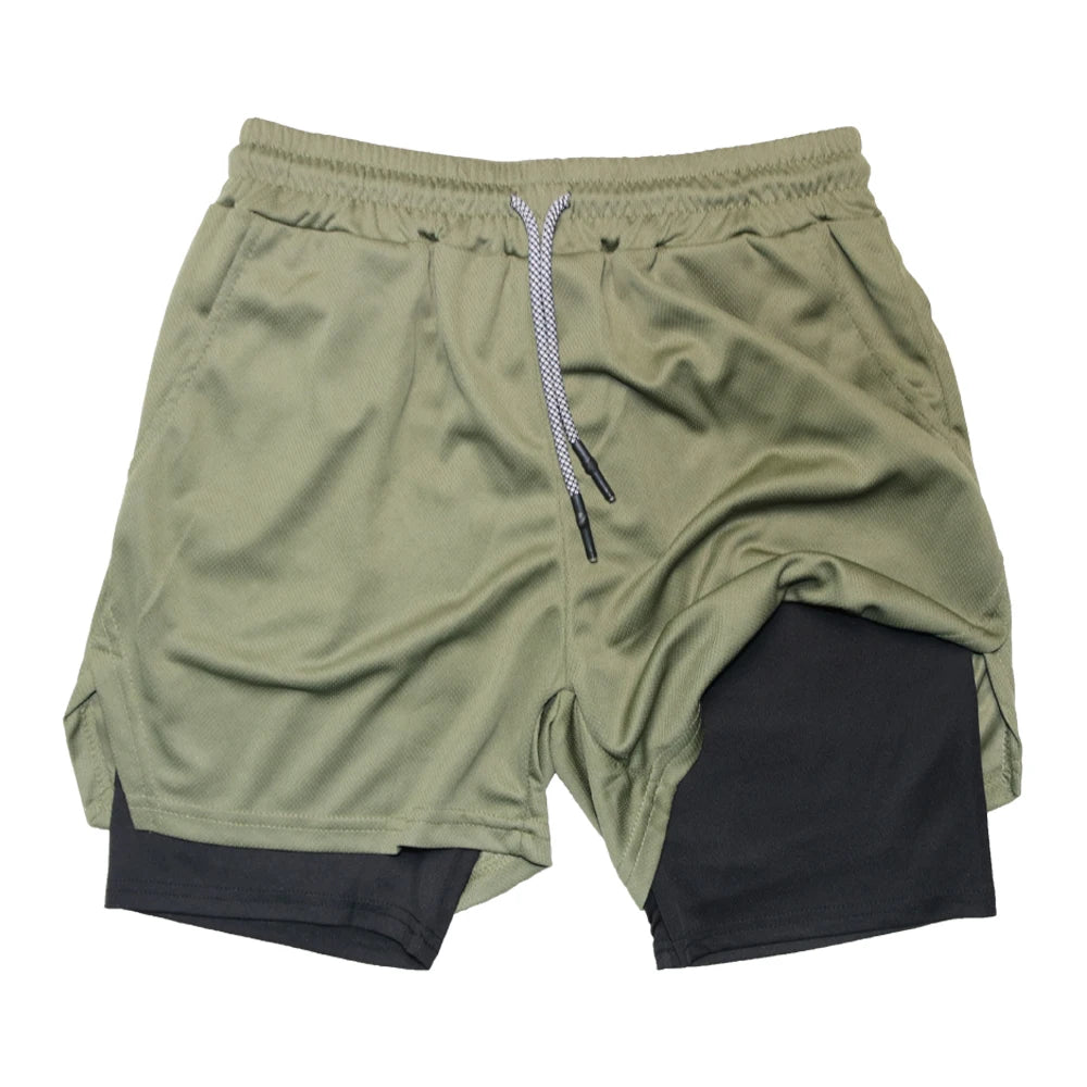 Doppelschichtige Fitness-Shorts für Herren, für Fitness, Fitnessstudio, Training, 2-in-1-Sport-Shorts, schnell trocknend, Workout, Joggen, Doppeldeck, Sommer