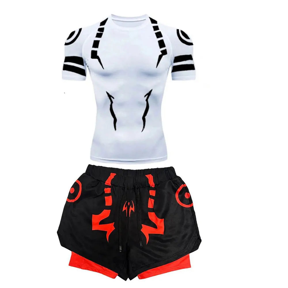 Anime Jujutsu Kaisen Kompressionsset Fitnessanzug für Herren, schnell trocknendes 3D-Kompressionsshirt + Fitnessstudio-Shorts, Lauf-Workout-Sportbekleidung