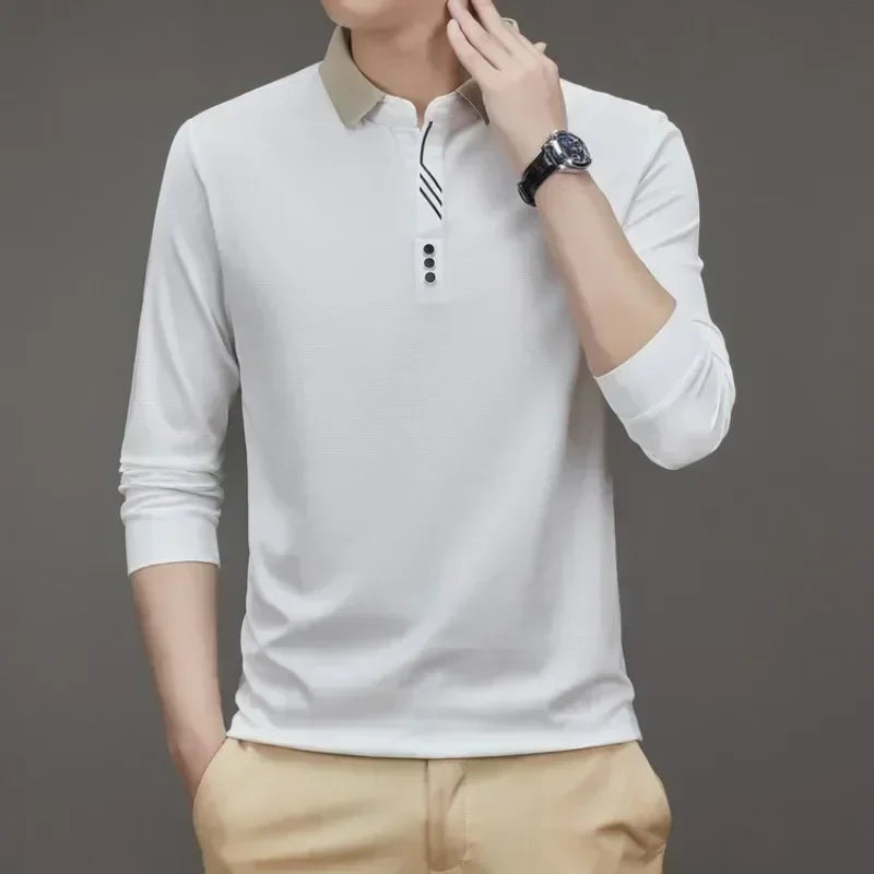 Herren Langarm Umlegekragen Waffel T-Shirt Business Casual Poloshirt T-Shirt