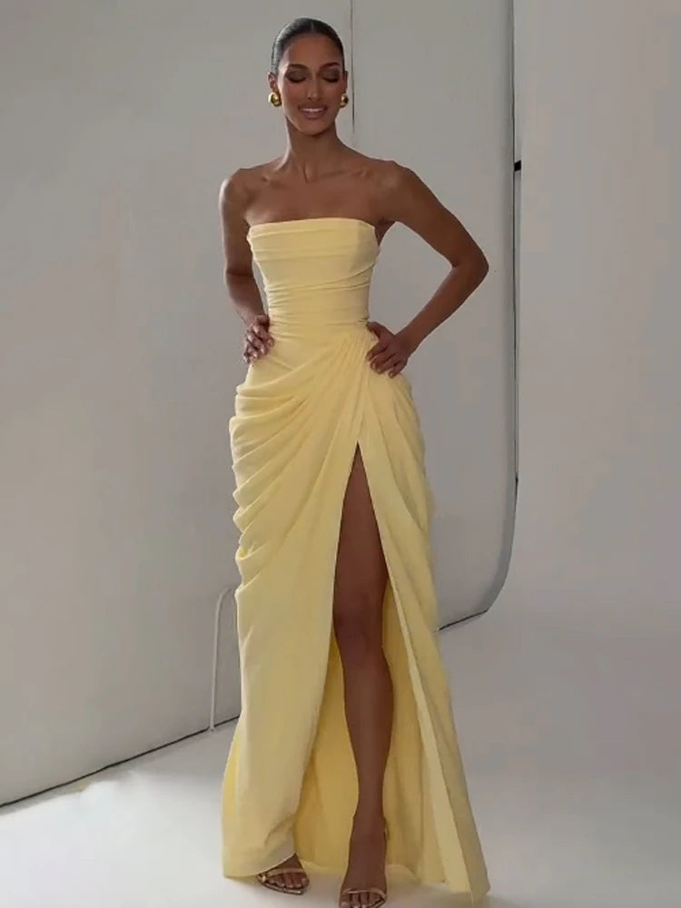 Elegantes Gelbes Trägerloses Plissiertes Kleid für Damen, Schickes Ärmelloses Tailliertes Maxikleid mit Schlitz, 2026 Damen-Abendkleider für Partys