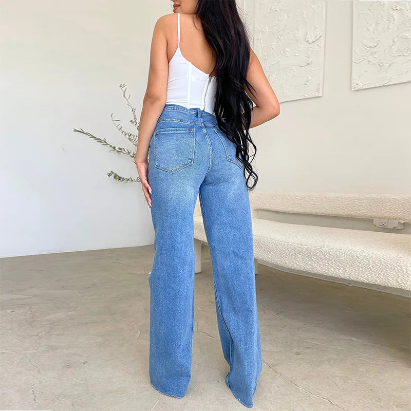 2026 Damen-Jeans mit hohem Bund, zerrissen, mit offener Kante, heiß begehrt, bequeme Wide-Leg-Hose