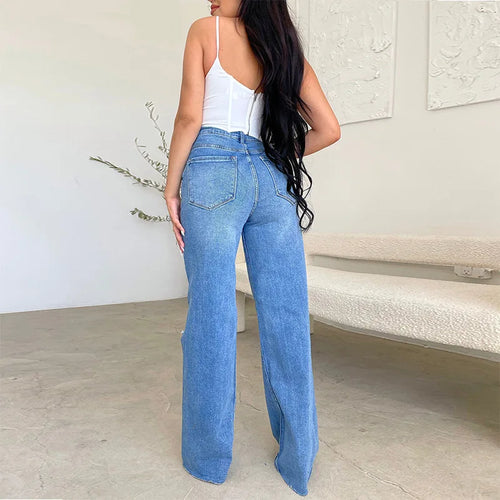 2026 Damen-Jeans mit hohem Bund, zerrissen, mit offener Kante, heiß begehrt, bequeme Wide-Leg-Hose