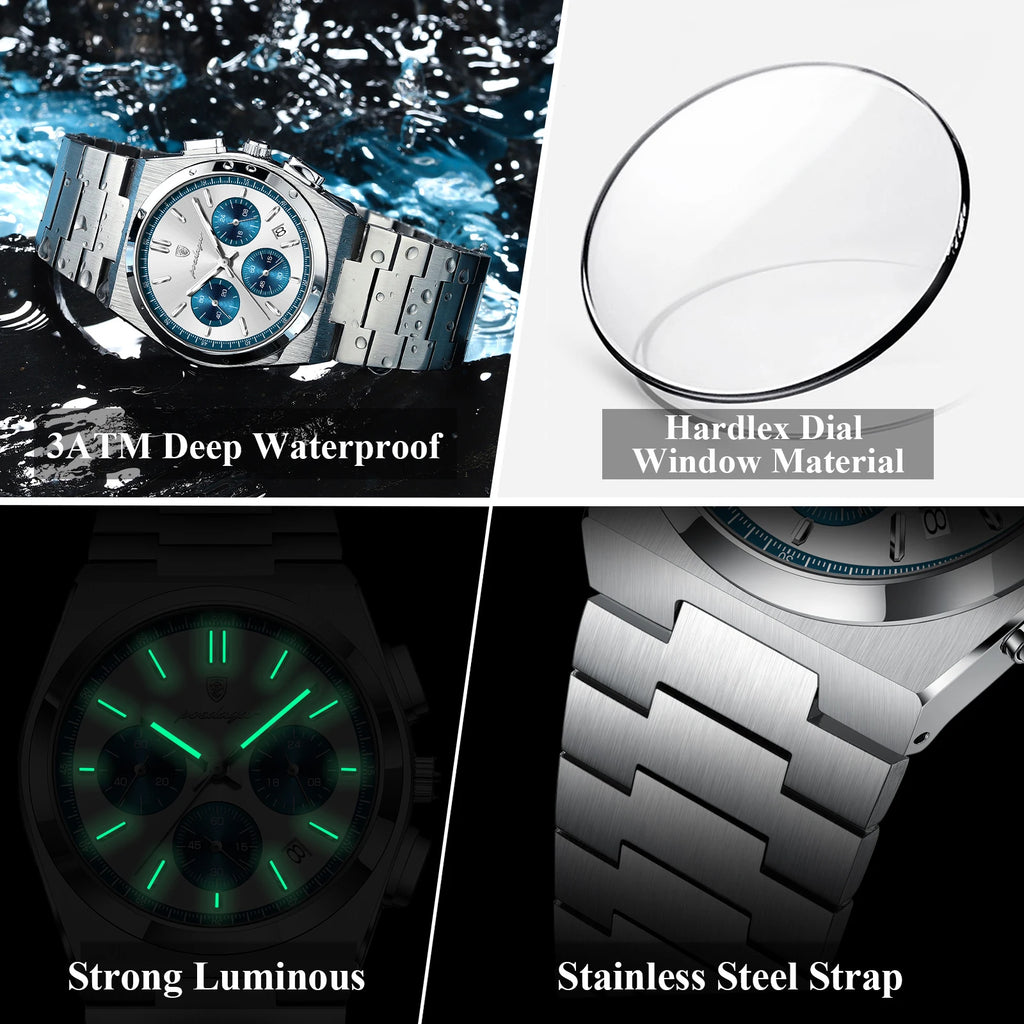 POEDAGAR Top Mode Mann Armbanduhr Chronograph Datum Edelstahl Business Männer Uhr Wasserdicht Leucht männer Quarz Uhren